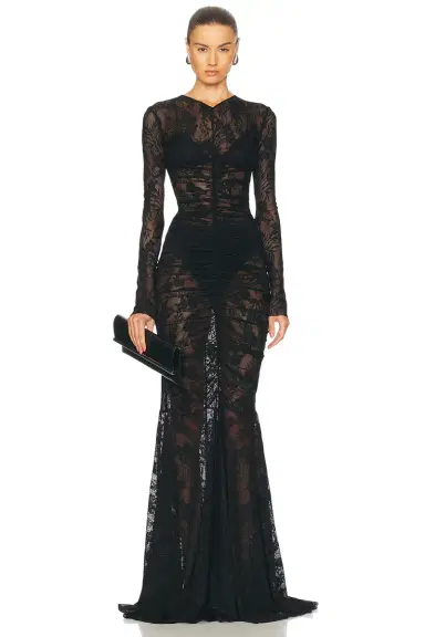 Norma Kamali Long Sleeve V Neck Shirred Front Fishtail Gown | Thumbnail 1
