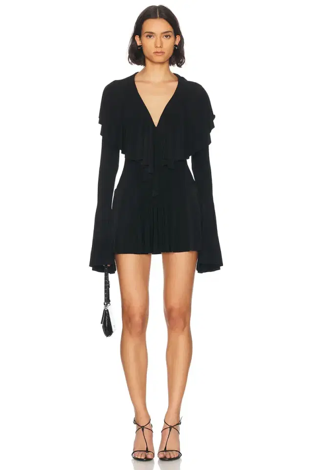 Norma Kamali Long Sleeve Deep V Ruffle Mini Dress