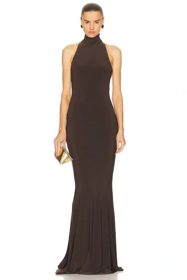 Norma Kamali Halter Turtleneck Fishtail Gown