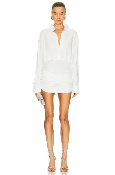 Norma Kamali Oversized Shirt Shirred Bottom Mini Dress | Thumbnail 1