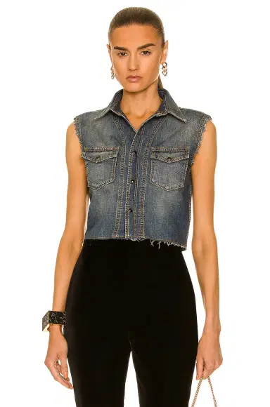 Saint Laurent Cropped Sleeveless Denim Shirt | Thumbnail 1 Saint Laurent Cropped Sleeveless Denim Shirt | Thumbnail 1