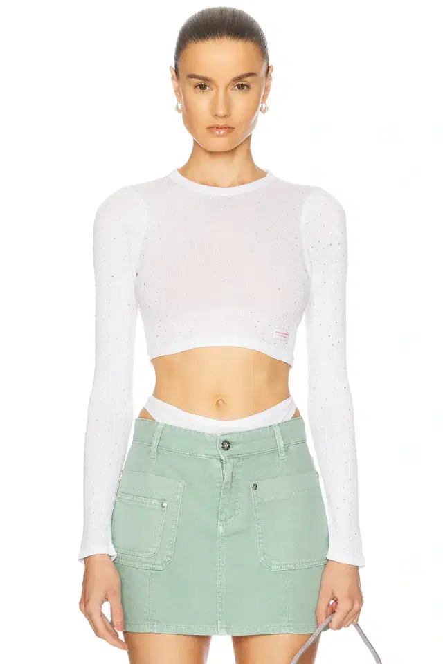 Alexander Wang Crystal Hotfix Cropped Long Sleeve Top