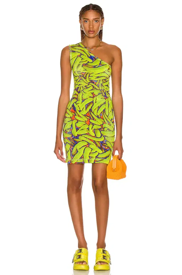Bottega Veneta Crinkled Banana Print One Shoulder Dress