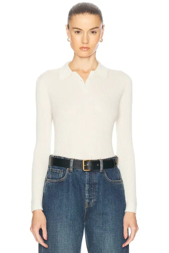Guest In Residence Long Sleeve Cashmere Shrunken Polo Top