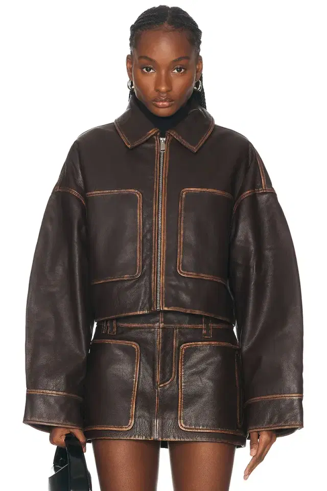 GRLFRND Cropped Leather Patch Pocket Jacket