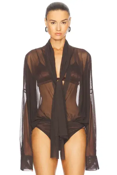 Norma Kamali Super Oversized Boyfriend Shirt Bow Bodysuit | Thumbnail 2
