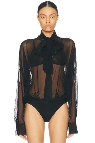 Norma Kamali Super Oversized Boyfriend Shirt Bow Bodysuit | Thumbnail 2