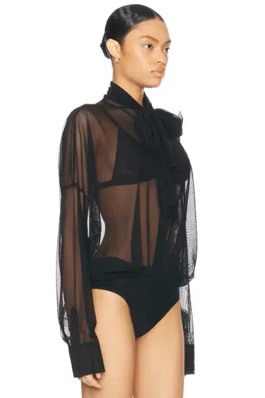 Norma Kamali Super Oversized Boyfriend Shirt Bow Bodysuit | Thumbnail 3