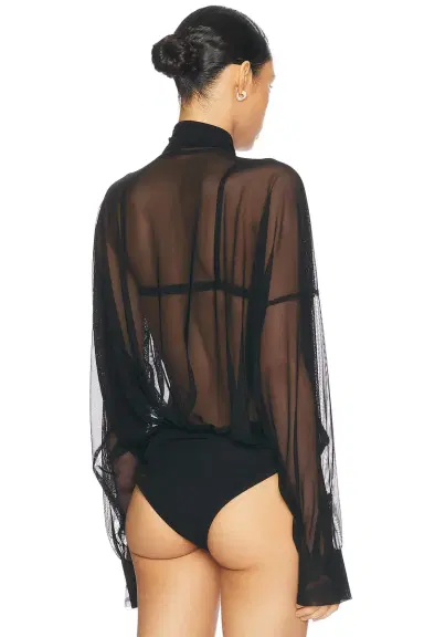 Norma Kamali Super Oversized Boyfriend Shirt Bow Bodysuit | Thumbnail 4
