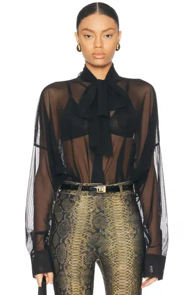 Norma Kamali Super Oversized Boyfriend Shirt Bow Bodysuit | Thumbnail 1