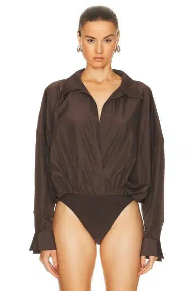 Norma Kamali Super Oversized Boyfriend Shirt Bodysuit | Thumbnail 2