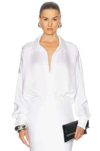 Norma Kamali Super Oversized Boyfriend Shirt Bodysuit | Thumbnail 1 Norma Kamali Super Oversized Boyfriend Shirt Bodysuit | Thumbnail 1