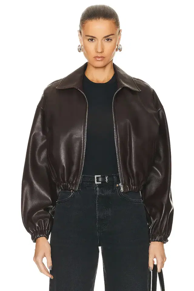 NOUR HAMMOUR Luna Cropped Leather Bomber Jacket