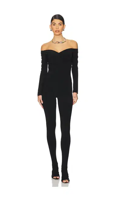Norma Kamali Off Shoulder Sweetheart Catsuit With Footie | Thumbnail 1 Norma Kamali Off Shoulder Sweetheart Catsuit With Footie | Thumbnail 1