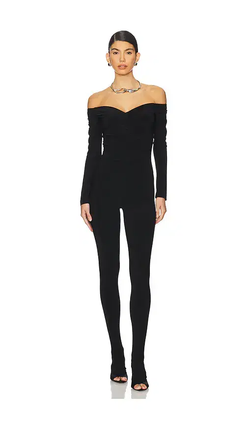 Norma Kamali Off Shoulder Sweetheart Catsuit With Footie
