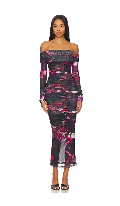 NICHOLAS Oaklyn Off Shoulder Shirred Midi Dress