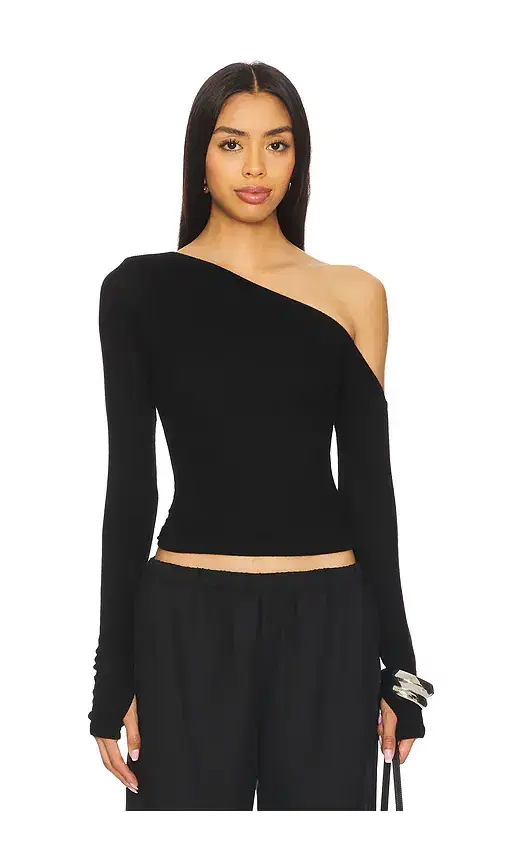 Magdaleno Long Sleeve Asymmetrical Fitted Cold Shoulder Top