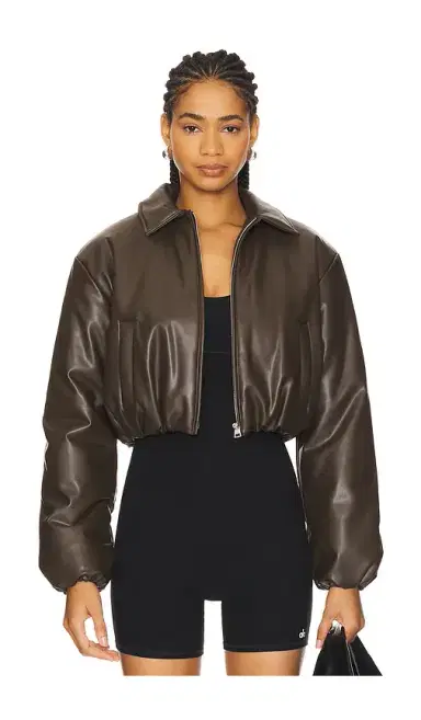 alo Faux Leather Cropped Premier Bomber Jacket | Thumbnail 1