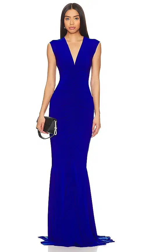 Norma Kamali Sleeveless Deep V Neck Shirred Front Fishtail Gown
