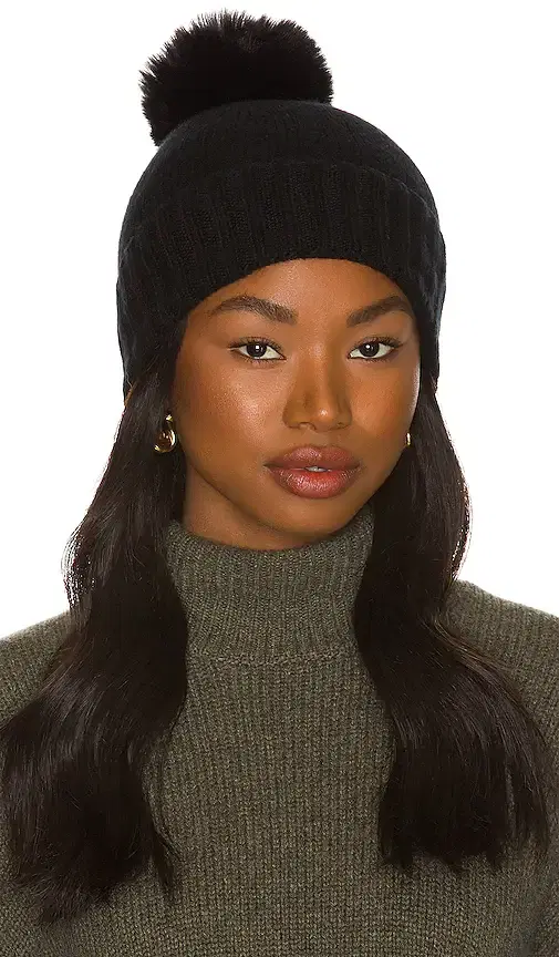 Hat Attack Cashmere Slouchy Cuff Beanie with Faux Fur Pom