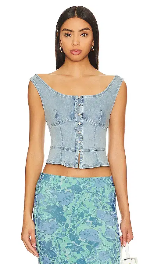 Free People Sally Denim Corset Top In Daylight Sky Combo