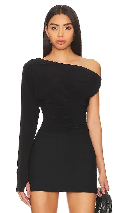 One Sleeve Drop Shoulder Side Drape Top