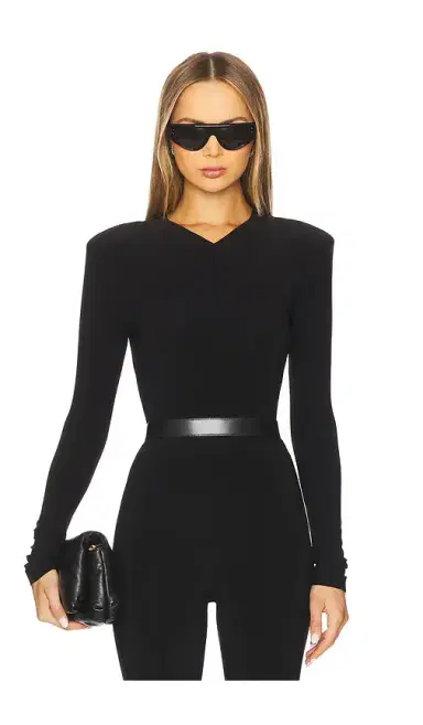 Norma Kamali Long Sleeve Shoulder Pad V Neck Top | Thumbnail 1 Norma Kamali Long Sleeve Shoulder Pad V Neck Top | Thumbnail 1