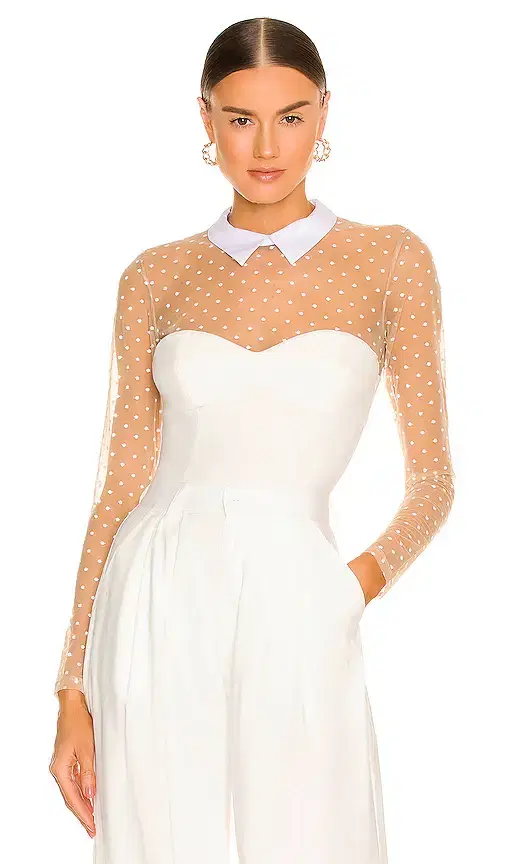 Collared Bodysuit With Dotted Tulle