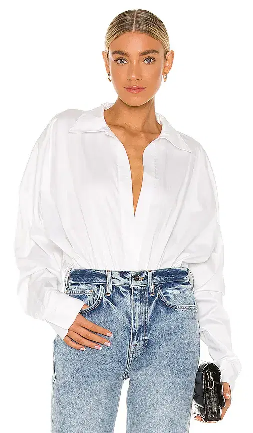 Norma Kamali Oversized Boyfriend Shirt Bodysuit