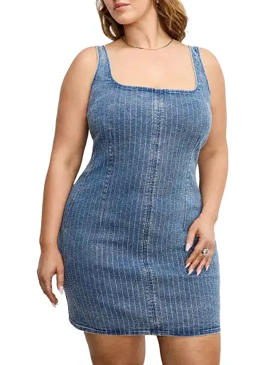 GOOD AMERICAN Women's Denim Rhinestone Shift Dress | Thumbnail 8
