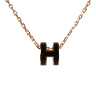 HERMÈS Hermes Mini Pop H Pendant Necklace Black Enamel Lacquered Rose Gold Hardware | Thumbnail 2