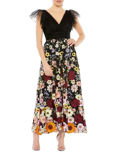 Mac Duggal Women's Embroidered Floral Tulle Midi-Dress - Black Multi - Size 16 | Thumbnail 1 Mac Duggal Women's Embroidered Floral Tulle Midi-Dress - Black Multi - Size 16 | Thumbnail 1