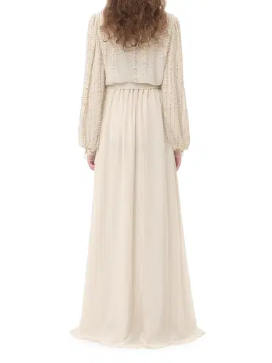 Valentino Garavani Women's Long Dress in Embroidered Light Georgette - Ivory Beige - Size 2 | Thumbnail 4 Valentino Garavani Women's Long Dress in Embroidered Light Georgette - Ivory Beige - Size 2 | Thumbnail 4