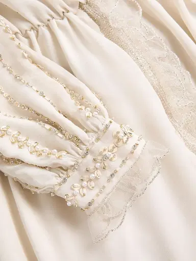 Valentino Garavani Women's Long Dress in Embroidered Light Georgette - Ivory Beige - Size 2 | Thumbnail 5 Valentino Garavani Women's Long Dress in Embroidered Light Georgette - Ivory Beige - Size 2 | Thumbnail 5