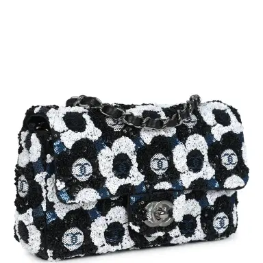 Chanel Chanel Mini Rectangular Flower Flap Bag Black, Navy and White Sequin Ruthenium Hardware | Thumbnail 2 Chanel Chanel Mini Rectangular Flower Flap Bag Black, Navy and White Sequin Ruthenium Hardware | Thumbnail 2