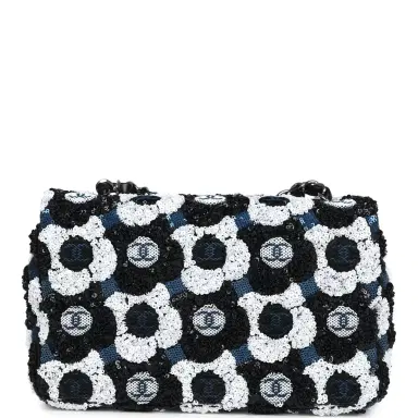 Chanel Chanel Mini Rectangular Flower Flap Bag Black, Navy and White Sequin Ruthenium Hardware | Thumbnail 4 Chanel Chanel Mini Rectangular Flower Flap Bag Black, Navy and White Sequin Ruthenium Hardware | Thumbnail 4