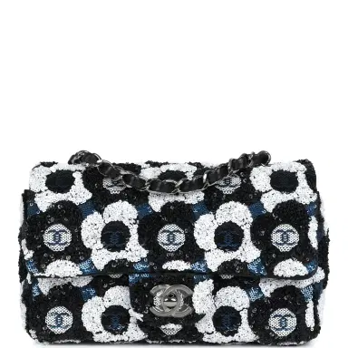 Chanel Chanel Mini Rectangular Flower Flap Bag Black, Navy and White Sequin Ruthenium Hardware | Thumbnail 1 Chanel Chanel Mini Rectangular Flower Flap Bag Black, Navy and White Sequin Ruthenium Hardware | Thumbnail 1