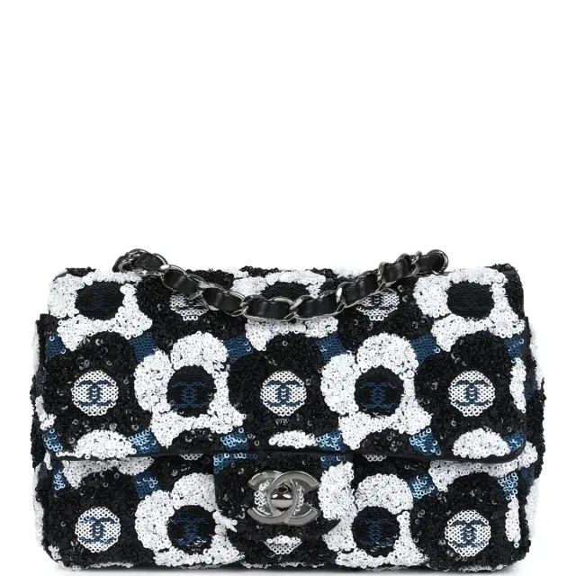 Chanel Chanel Mini Rectangular Flower Flap Bag Black, Navy and White Sequin Ruthenium Hardware