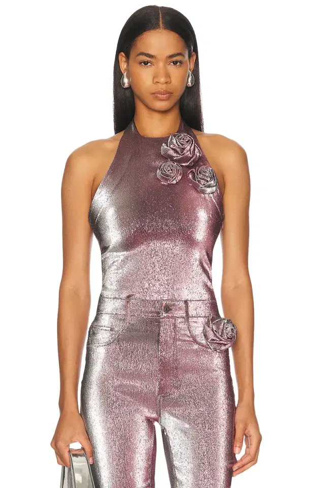 AREA Stretch Lame Rosette Halter Top