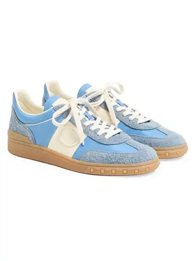 Valentino Garavani Men's Upvillage Low Top Sneakers in Crust Leather and Nylon - Azure Ivory - Size 7.5 | Thumbnail 2