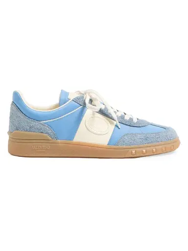 Valentino Garavani Men's Upvillage Low Top Sneakers in Crust Leather and Nylon - Azure Ivory - Size 7.5 | Thumbnail 1