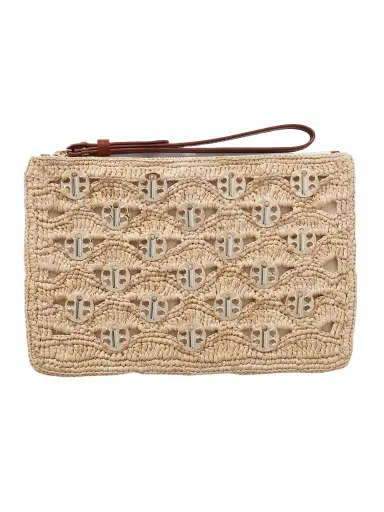 Rabanne Leather-trimmed Chainmail-embellished Raffia Pouch | Thumbnail 1 Rabanne Leather-trimmed Chainmail-embellished Raffia Pouch | Thumbnail 1