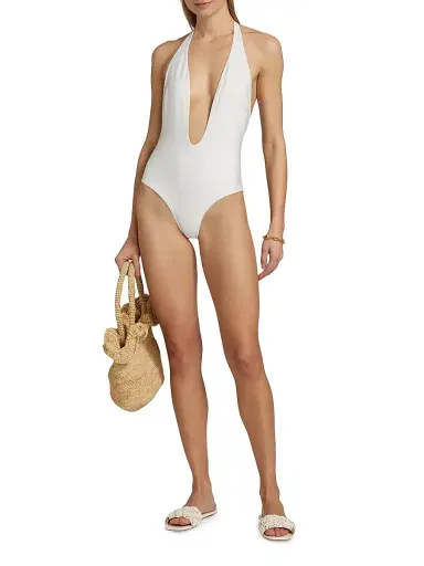 Kiki de Montparnasse Women's Echauffe Plunging V-Halterneck One-Piece Swimsuit - Ivory - Size XL | Thumbnail 2 Kiki de Montparnasse Women's Echauffe Plunging V-Halterneck One-Piece Swimsuit - Ivory - Size XL | Thumbnail 2