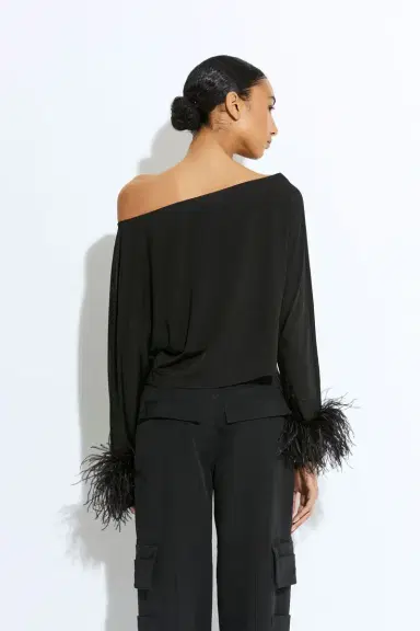 LAPOINTE Lightweight Jersey Off The Shoulder Top With Feathers | Thumbnail 2 LAPOINTE Lightweight Jersey Off The Shoulder Top With Feathers | Thumbnail 2