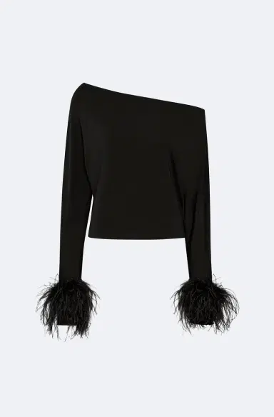 LAPOINTE Lightweight Jersey Off The Shoulder Top With Feathers | Thumbnail 3 LAPOINTE Lightweight Jersey Off The Shoulder Top With Feathers | Thumbnail 3