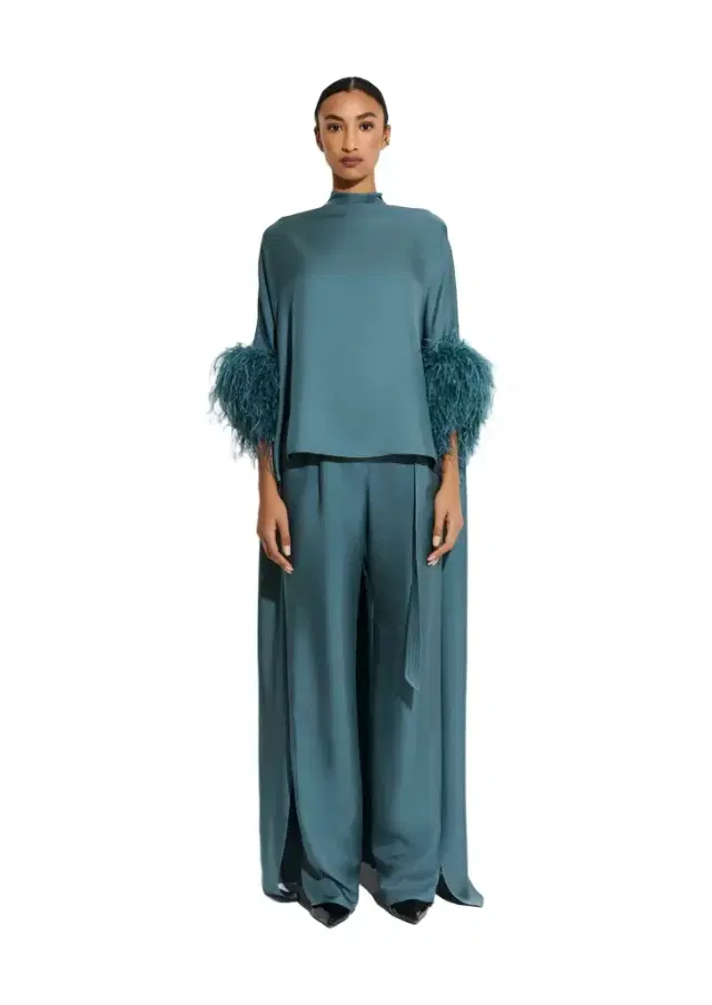 Silky Twill High Low Mock Neck Top With Feathers