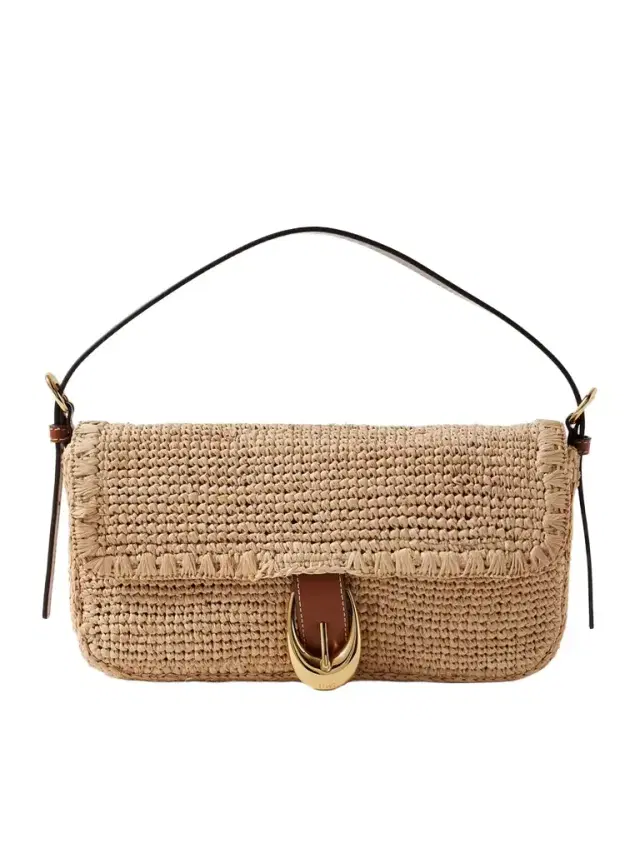 Harlow Buckled Leather-trimmed Raffia Shoulder Bag