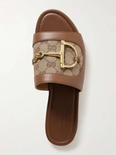 Gucci Alfa Horsebit-embellished Canvas-jacquard And Leather Slides | Thumbnail 4