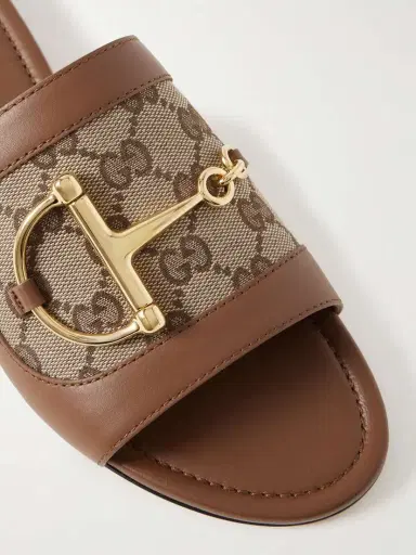 Gucci Alfa Horsebit-embellished Canvas-jacquard And Leather Slides | Thumbnail 5
