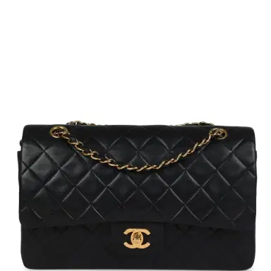 Chanel Vintage Chanel Medium Classic Double Flap Bag Black Lambskin Gold Hardware | Thumbnail 1